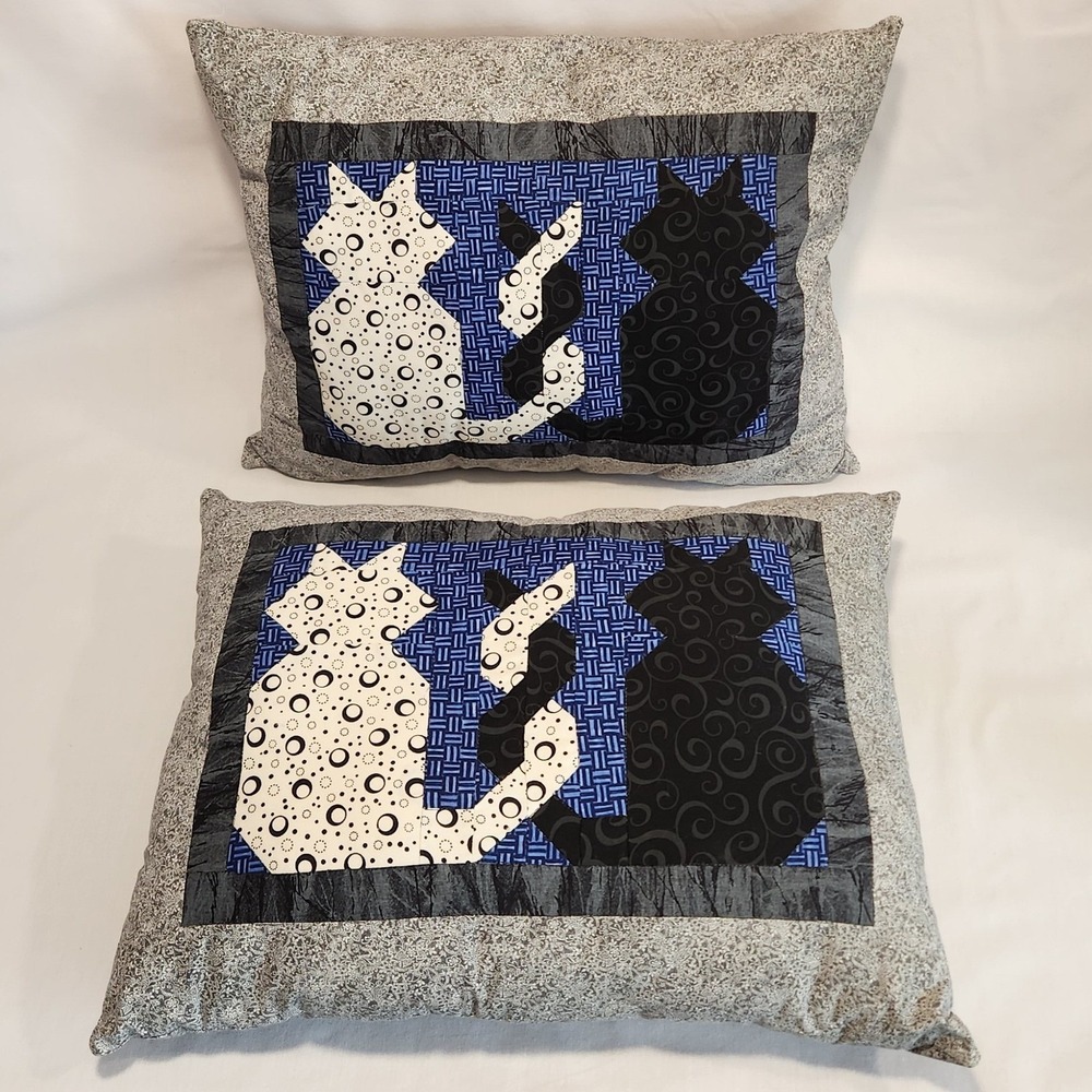 Set of 2 Handmade Quilted‎ Cat Pillows 17x14 Black Blue White Intertwined Tails